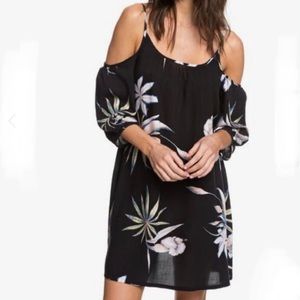 Roxy Black Floral Beach Cover Up Dress Cold Shoulder Boho Size XS